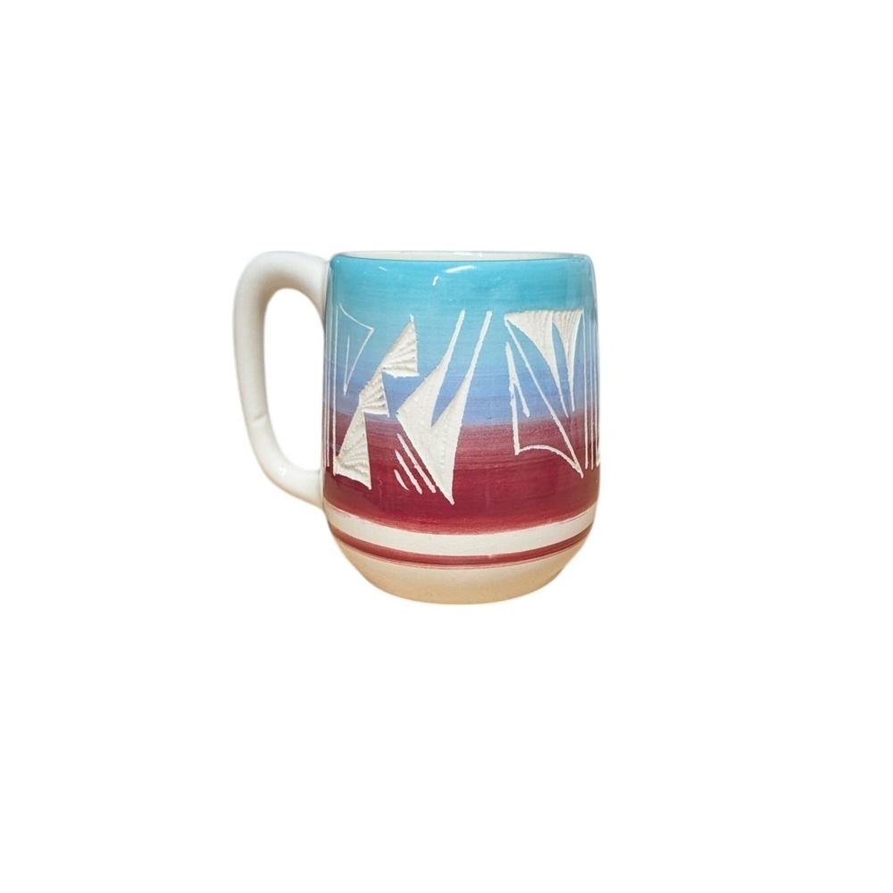 Handmade Tonalá Mexican Folk Art Pottery Sgraffito Mug Sunset Gradient Blue Red
